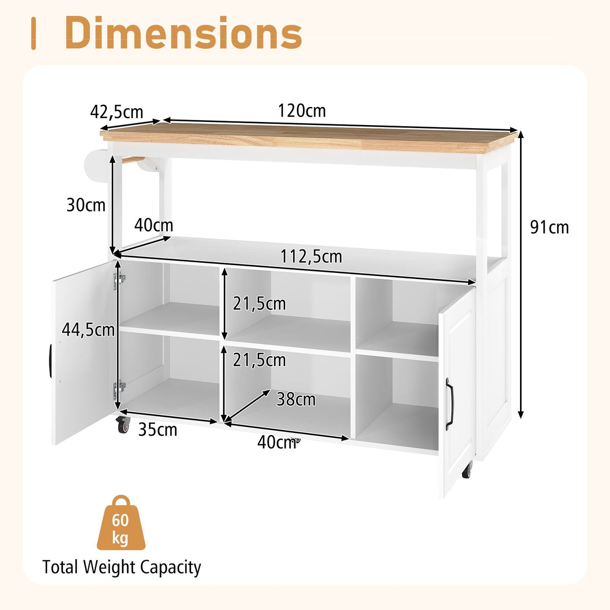 Kitchen Island on Wheels with Rubber Wood Top and Open Shelves