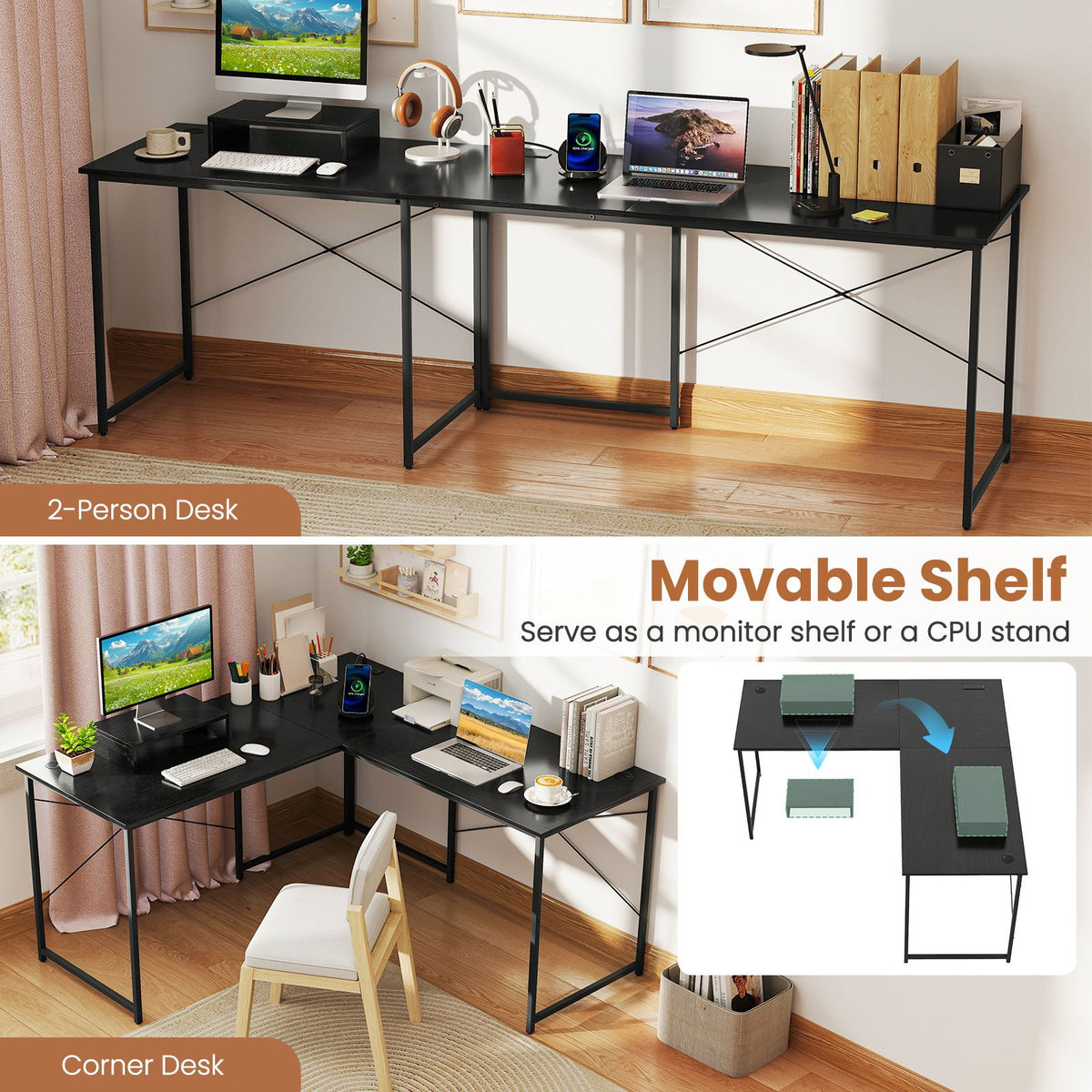 L-Shaped Computer Desk 240cm Long 2-Person Desk with Power Outlets and Monitor Stand