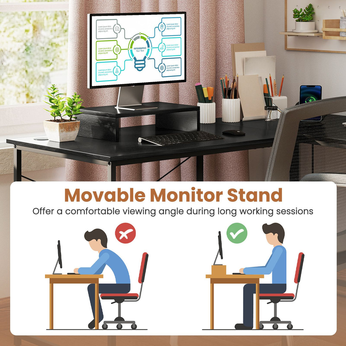 L-Shaped Computer Desk 240cm Long 2-Person Desk with Power Outlets and Monitor Stand