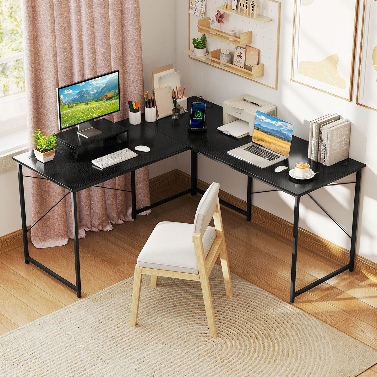L-Shaped Computer Desk 240cm Long 2-Person Desk with Power Outlets and Monitor Stand