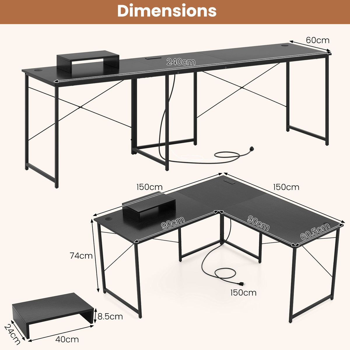 L-Shaped Computer Desk 240cm Long 2-Person Desk with Power Outlets and Monitor Stand