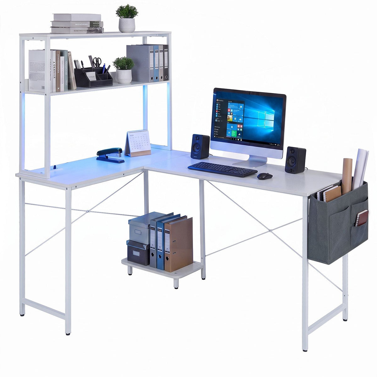 L-Shaped Desk with LED Lights and Power Outlets