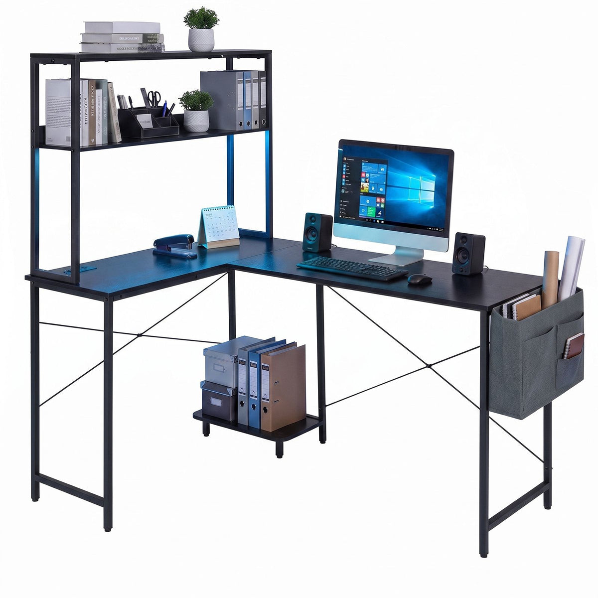 L-Shaped Desk with LED Lights and Power Outlets
