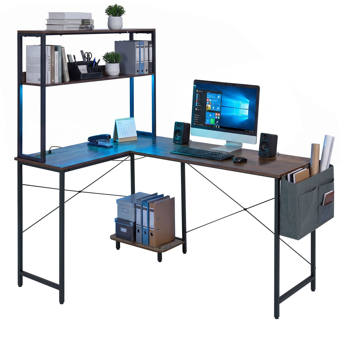 L-Shaped Desk with LED Lights and Power Outlets