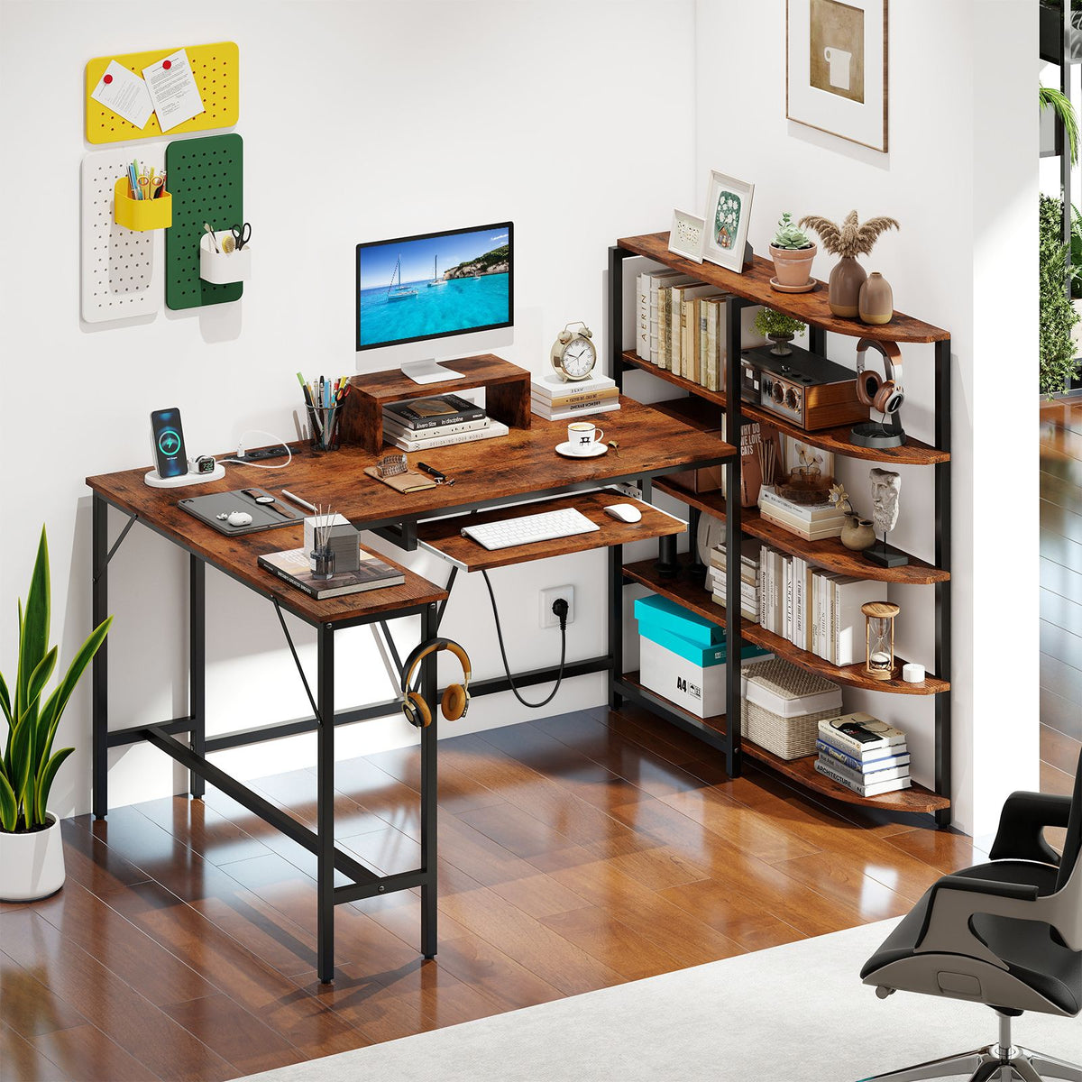 L Shaped Desk with Storage Shelves Corner Computer Desk with Charging Station