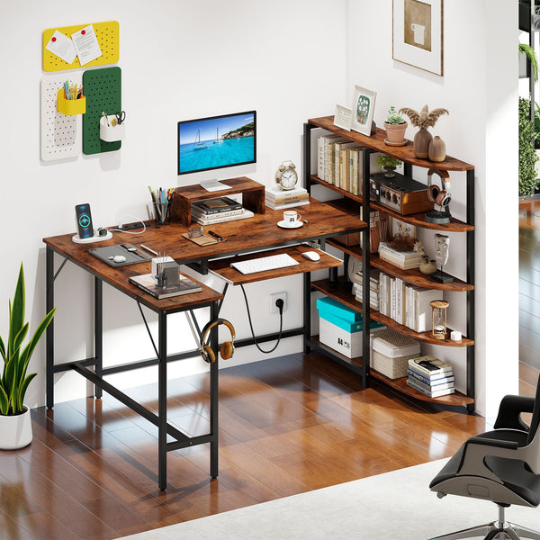 L Shaped Desk with Storage Shelves Corner Computer Desk with Charging Station