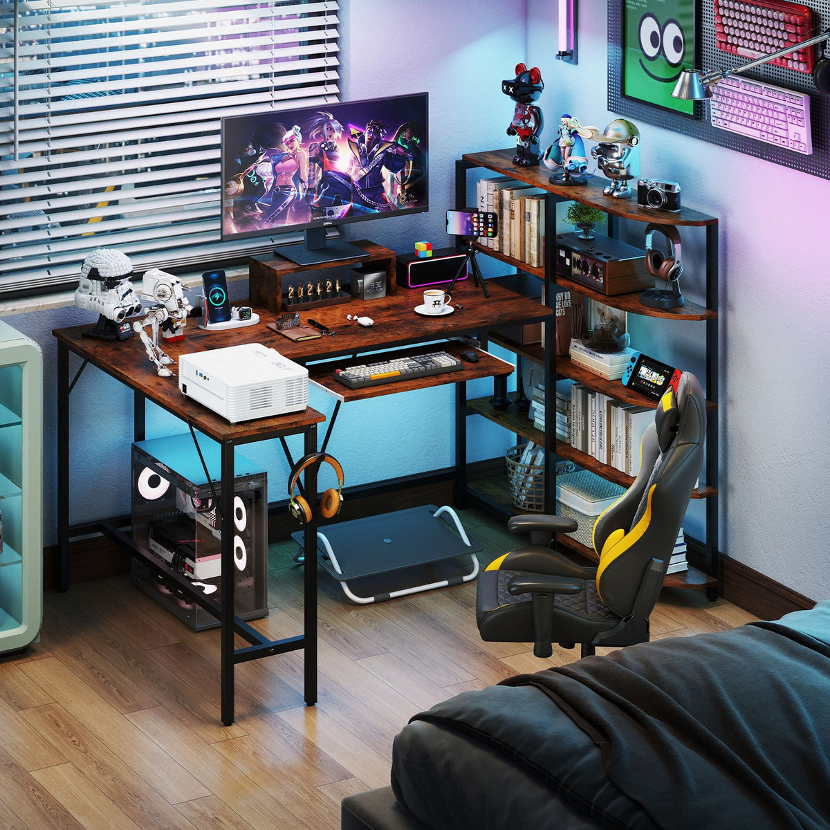 L Shaped Desk with Storage Shelves Corner Computer Desk with Charging Station