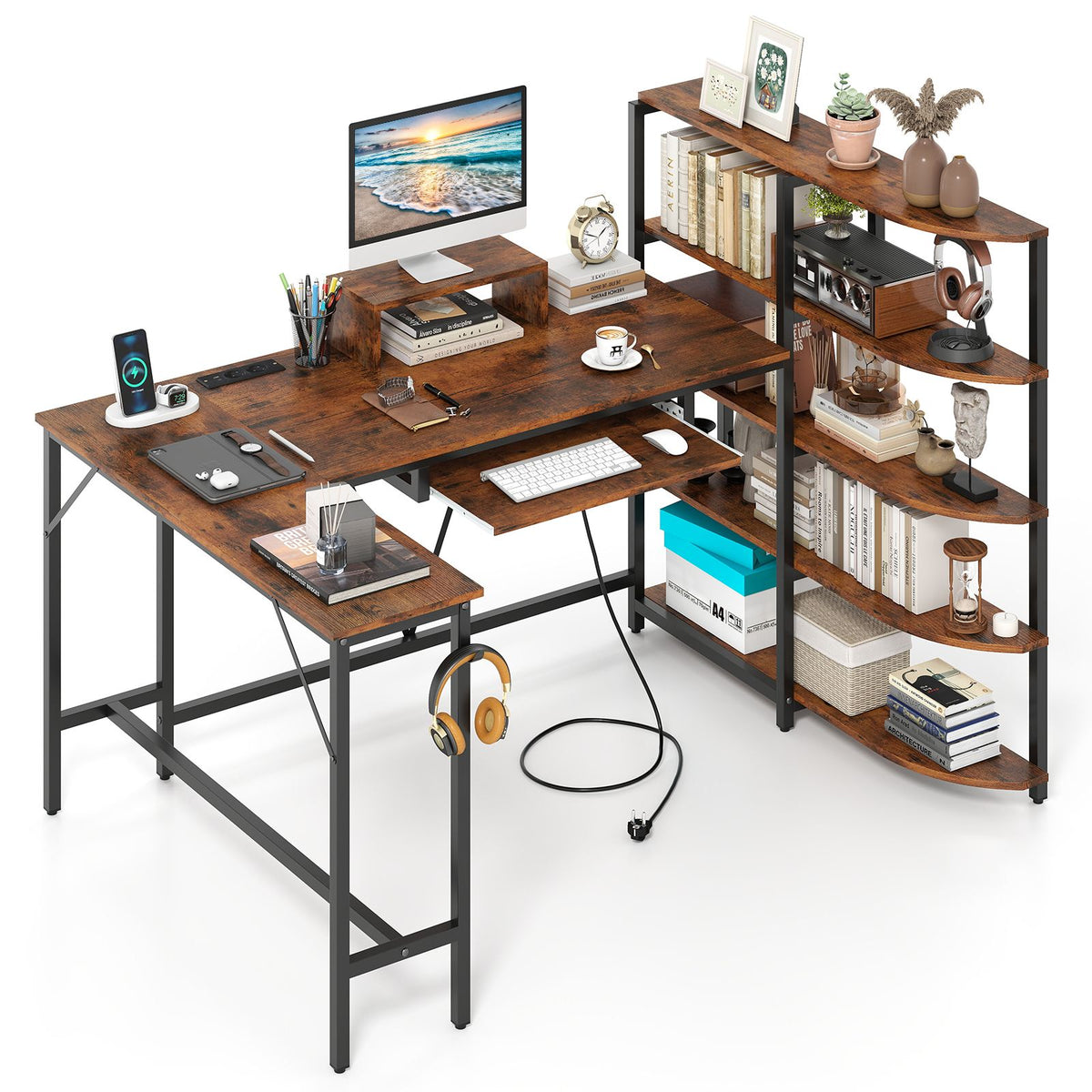 L Shaped Desk with Storage Shelves Corner Computer Desk with Charging Station