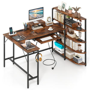 L Shaped Desk with Storage Shelves Corner Computer Desk with Charging Station