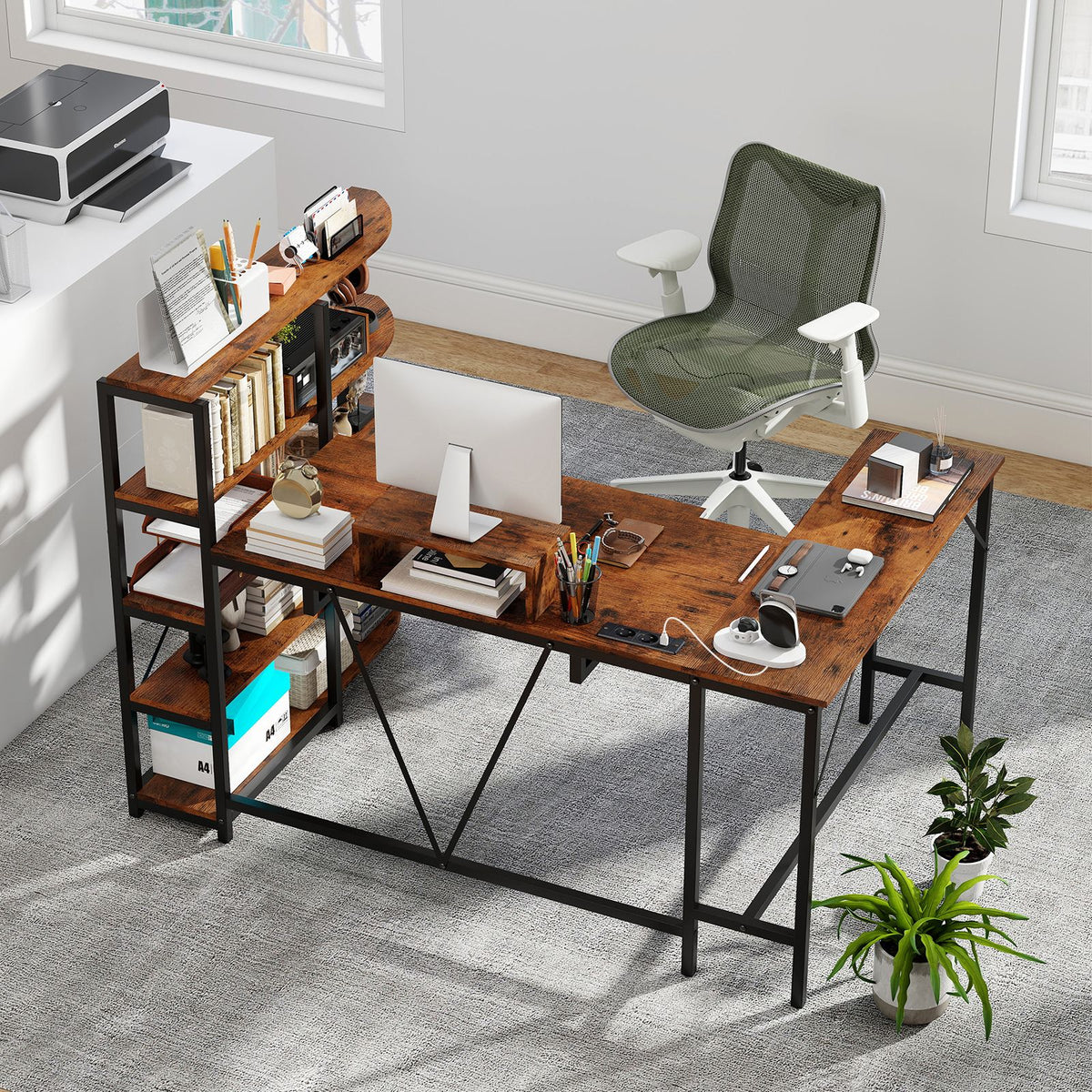 L Shaped Desk with Storage Shelves Corner Computer Desk with Charging Station