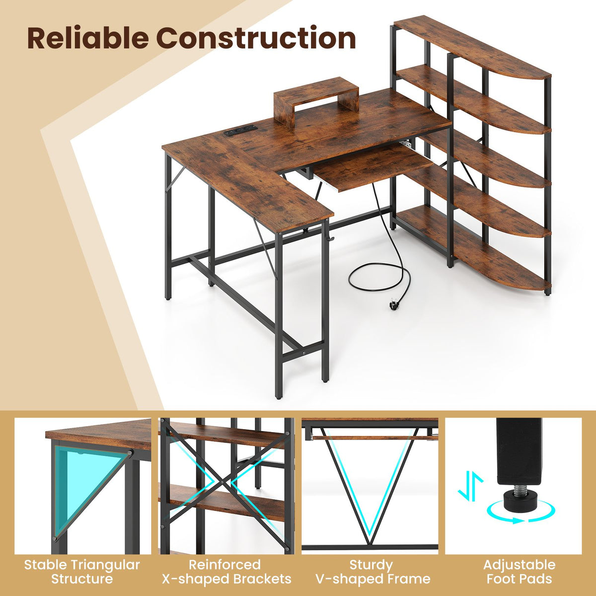 L Shaped Desk with Storage Shelves Corner Computer Desk with Charging Station