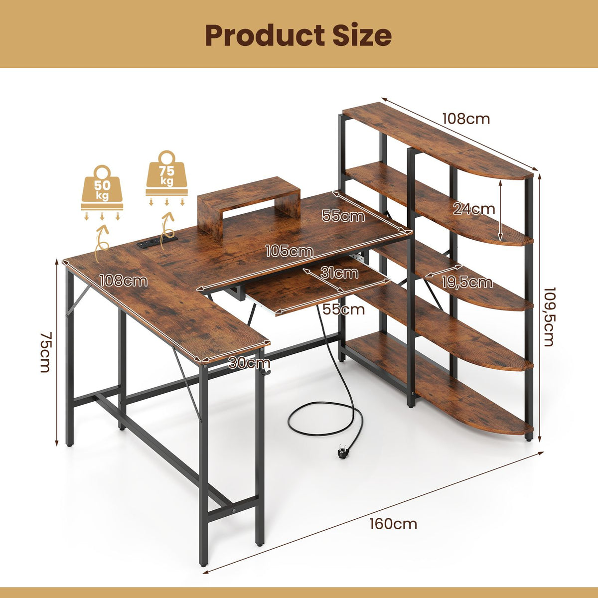 L Shaped Desk with Storage Shelves Corner Computer Desk with Charging Station