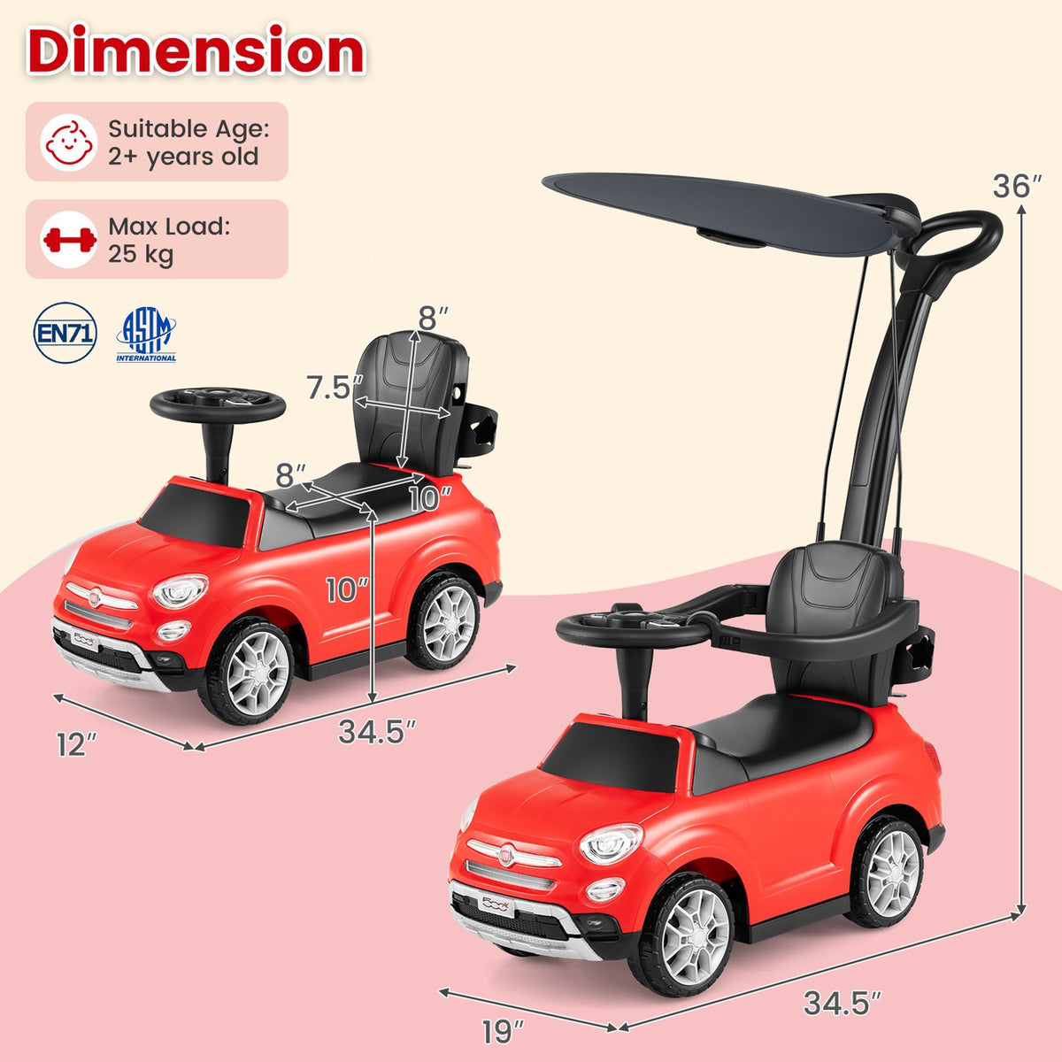 Licensed FIAT 3-in-1 Toddler Ride on Push Car with Canopy