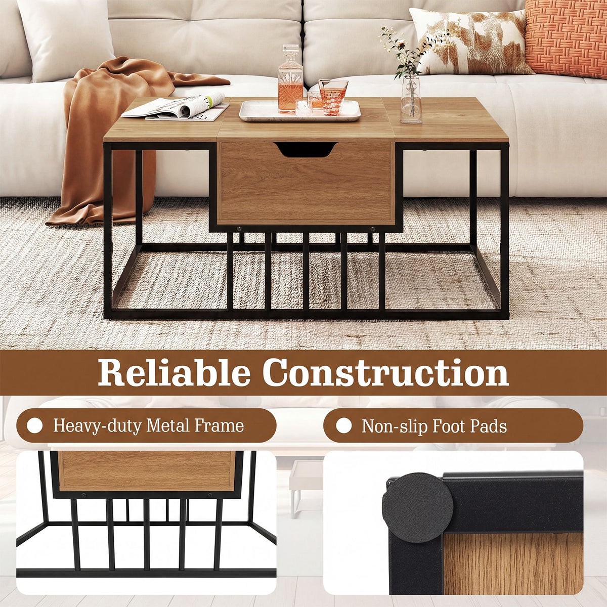 Accent Tea Table Lift Top with Storage for Office Reception or Home