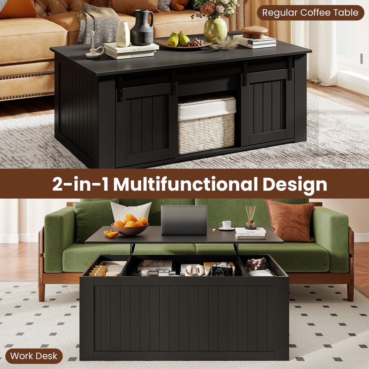 Lift Top Coffee Table 120cm with Barn Doors for Home