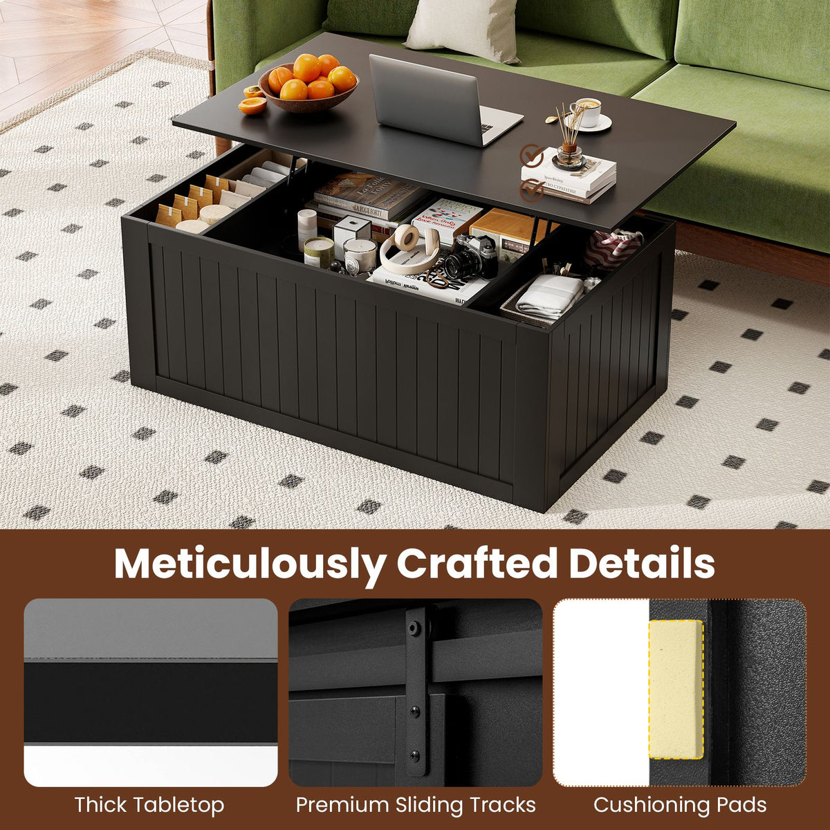Lift Top Coffee Table 120cm with Barn Doors for Home