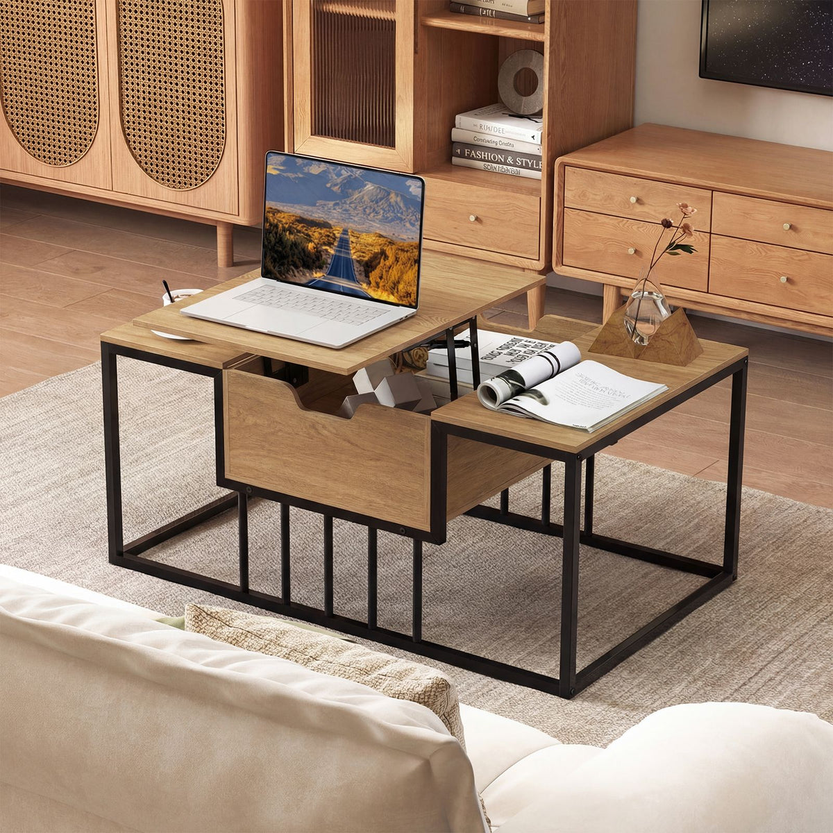Accent Tea Table Lift Top with Storage for Office Reception or Home