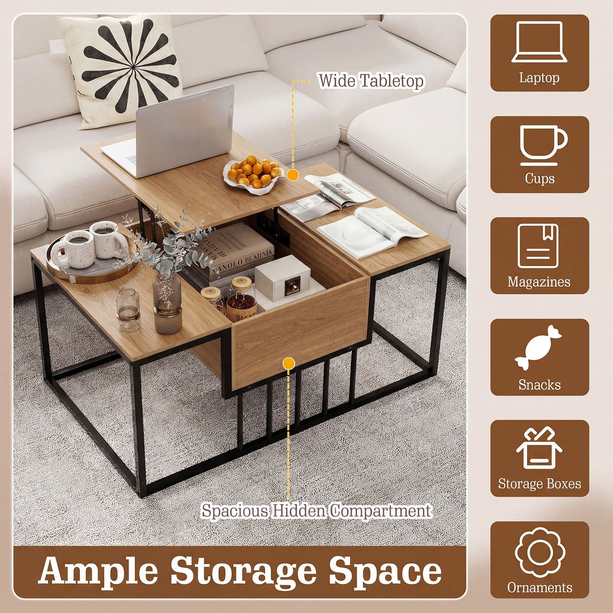 Accent Tea Table Lift Top with Storage for Office Reception or Home