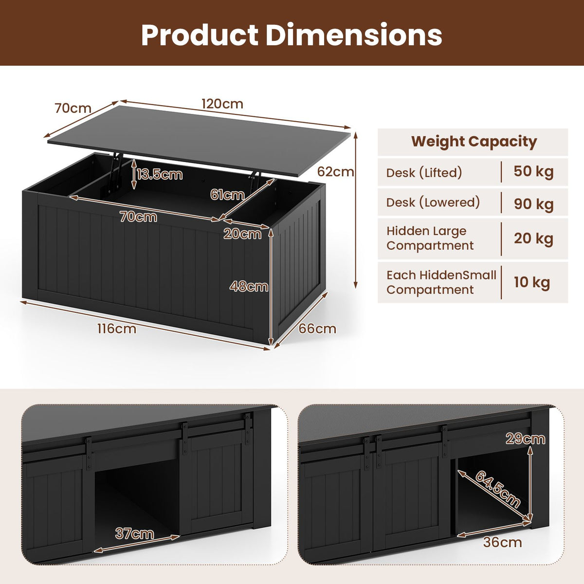 Lift Top Coffee Table 120cm with Barn Doors for Home