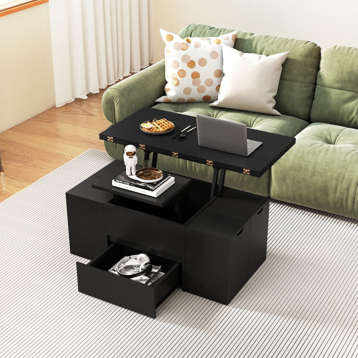 Lift Top Coffee Table with 4 Storage Stools and Hidden Compartment