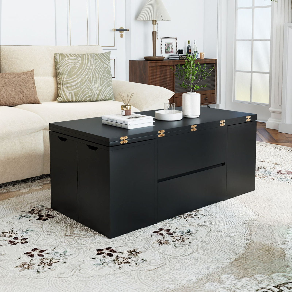 Lift Top Coffee Table with 4 Storage Stools and Hidden Compartment