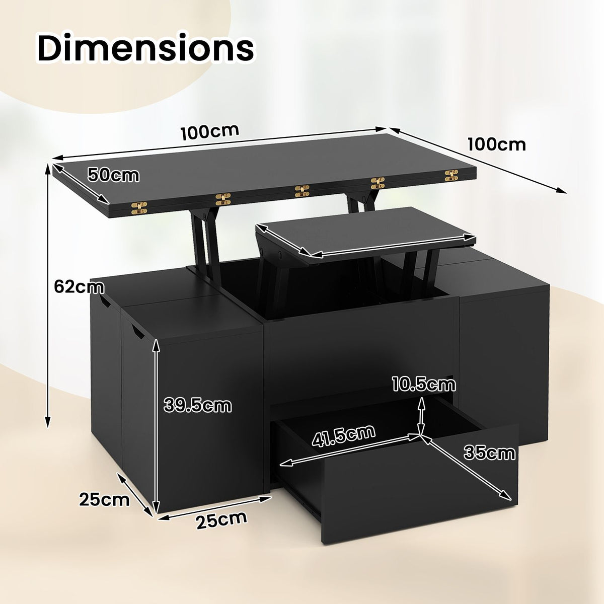 Lift Top Coffee Table with 4 Storage Stools and Hidden Compartment