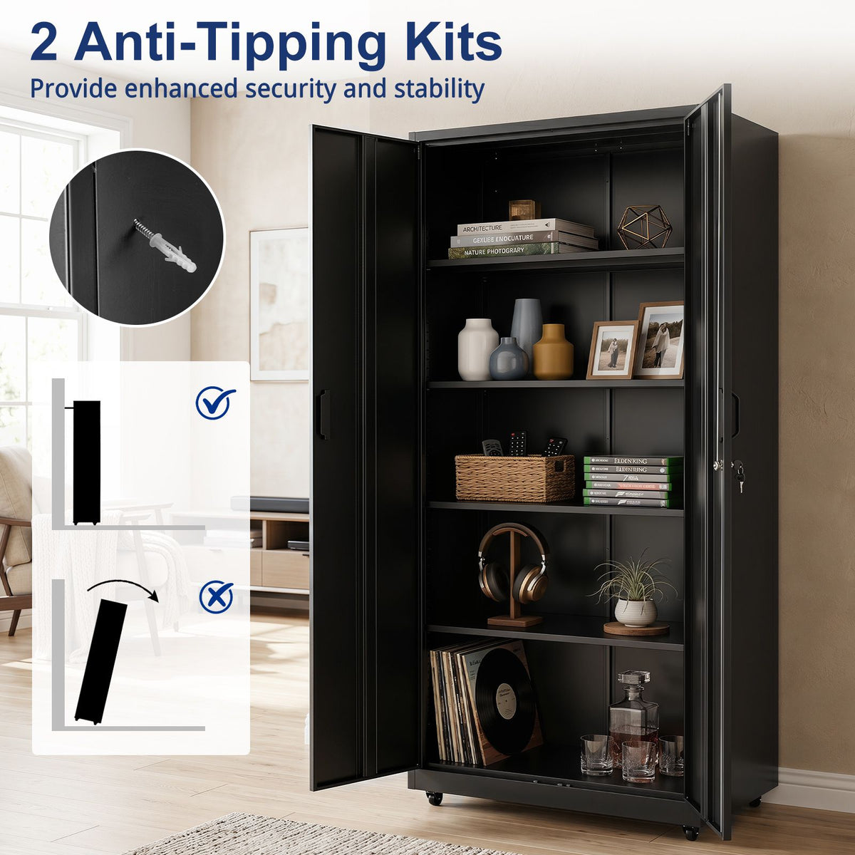 Lockable File Cabinet with 4 Wheels 2 Locks and Anti Tipping Kits