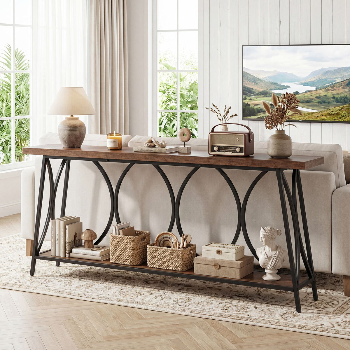 Long Console Table with 2-Tier Storage and Heavy-Duty Metal Frame for Living Room