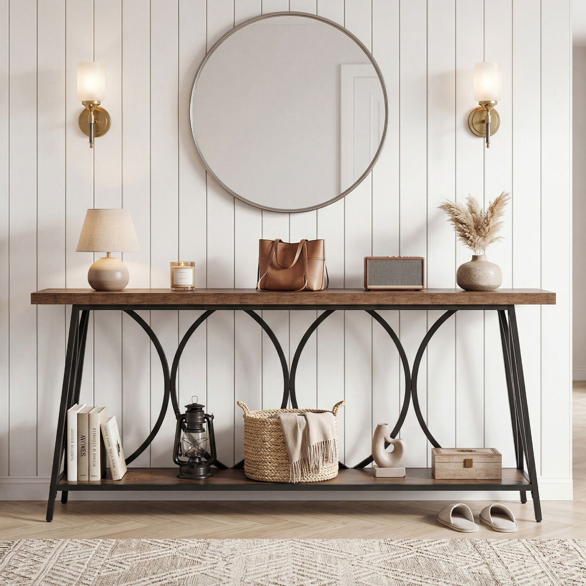 Long Console Table with 2-Tier Storage and Heavy-Duty Metal Frame for Living Room