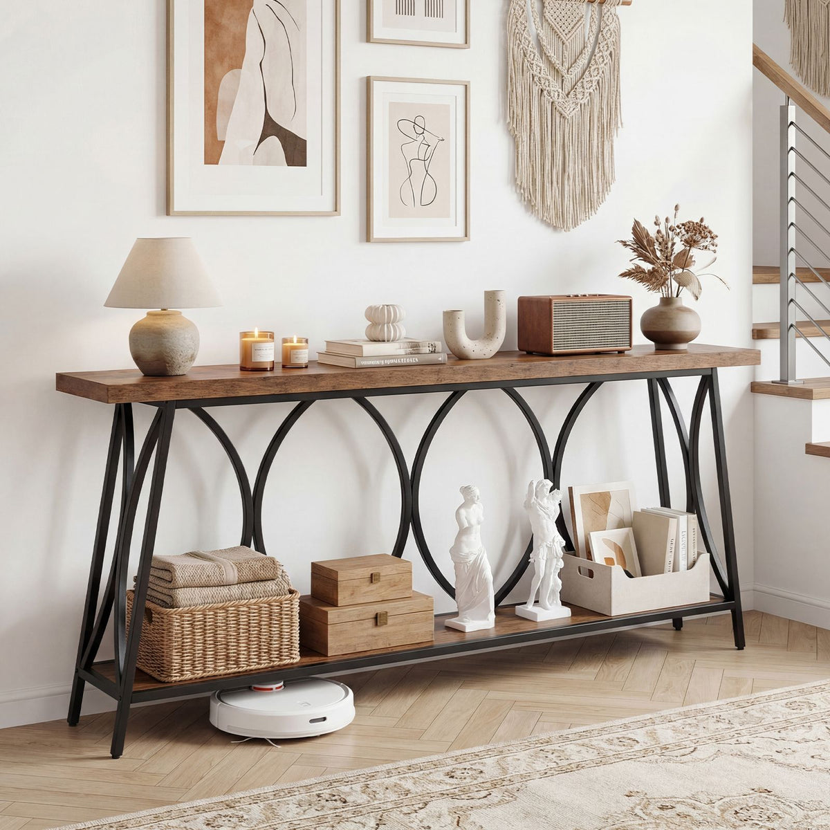 Long Console Table with 2-Tier Storage and Heavy-Duty Metal Frame for Living Room