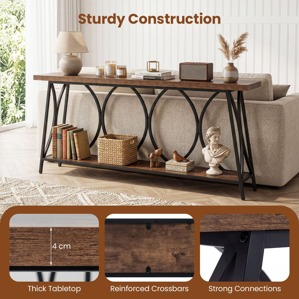 Long Console Table with 2-Tier Storage and Heavy-Duty Metal Frame for Living Room