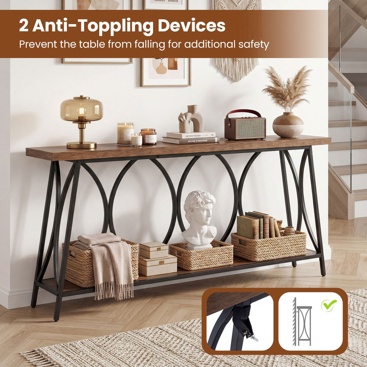 Long Console Table with 2-Tier Storage and Heavy-Duty Metal Frame for Living Room