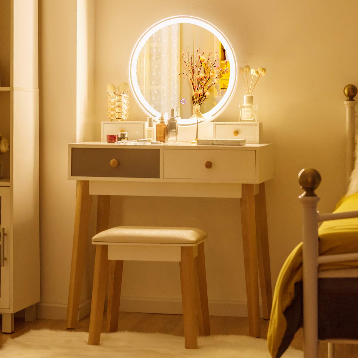 Giantex Dressing Table with Lights & Stool