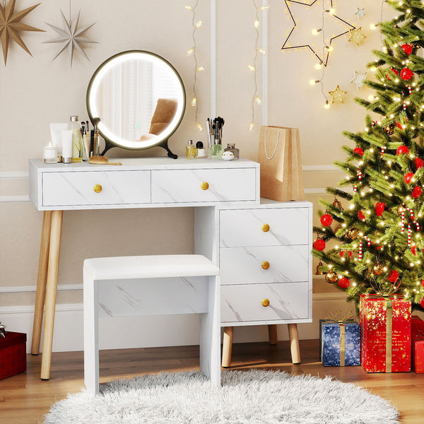 Makeup Vanity Set with Removable Mirror and Faux Marble Finish