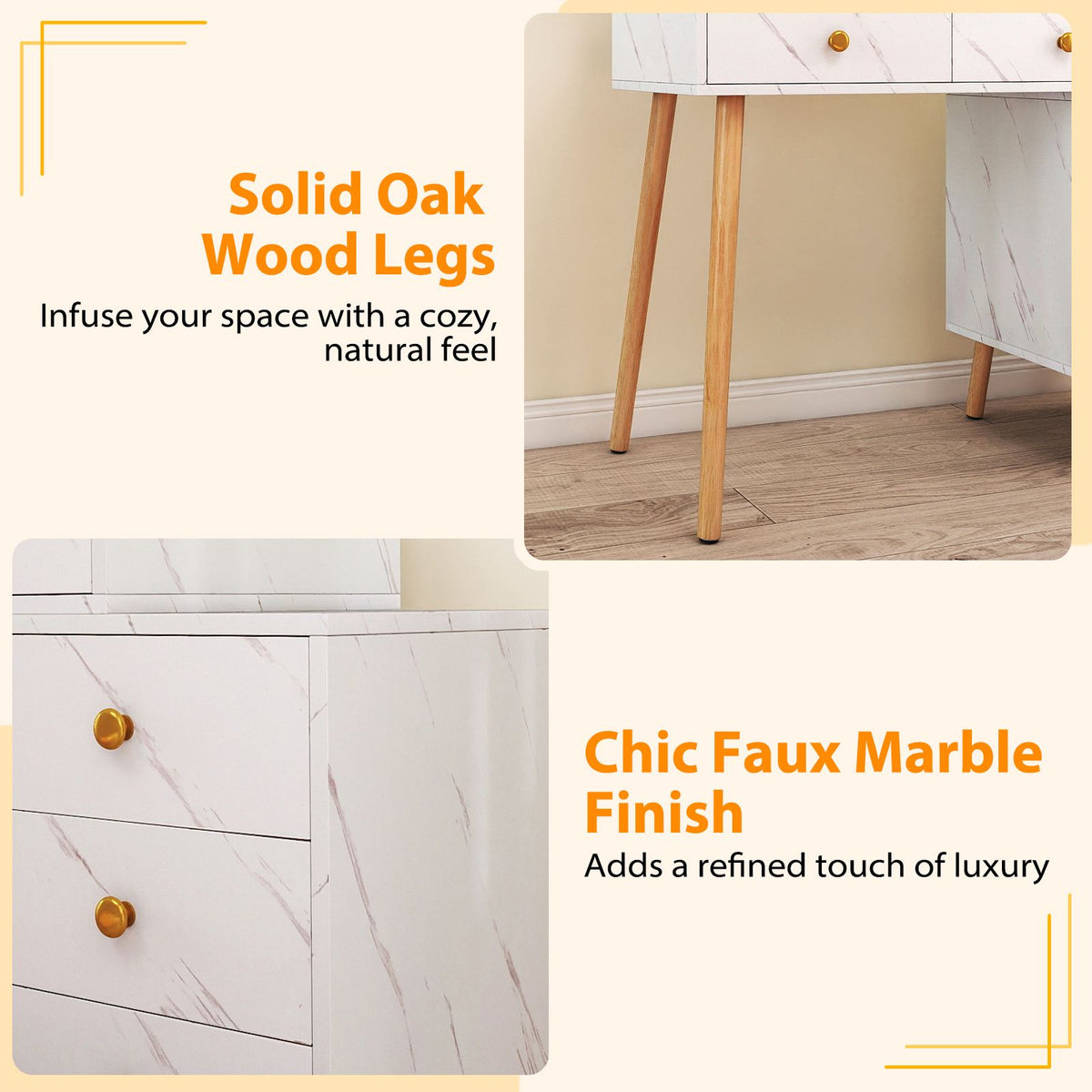 Makeup Vanity Set with Removable Mirror and Faux Marble Finish