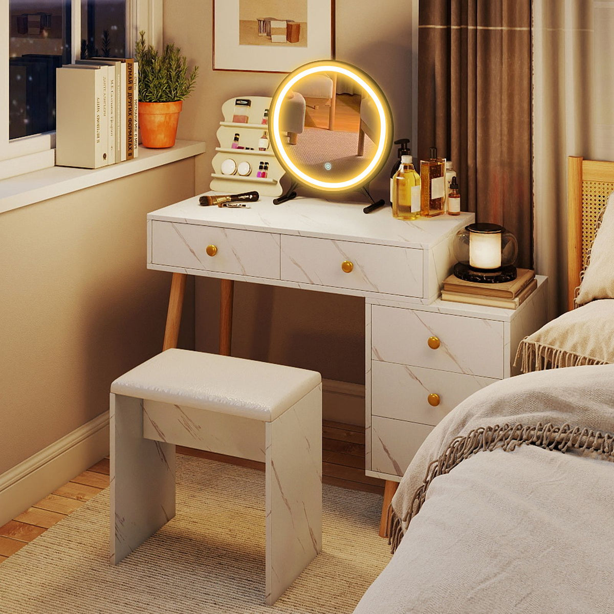 Makeup Vanity Set with Removable Mirror and Faux Marble Finish