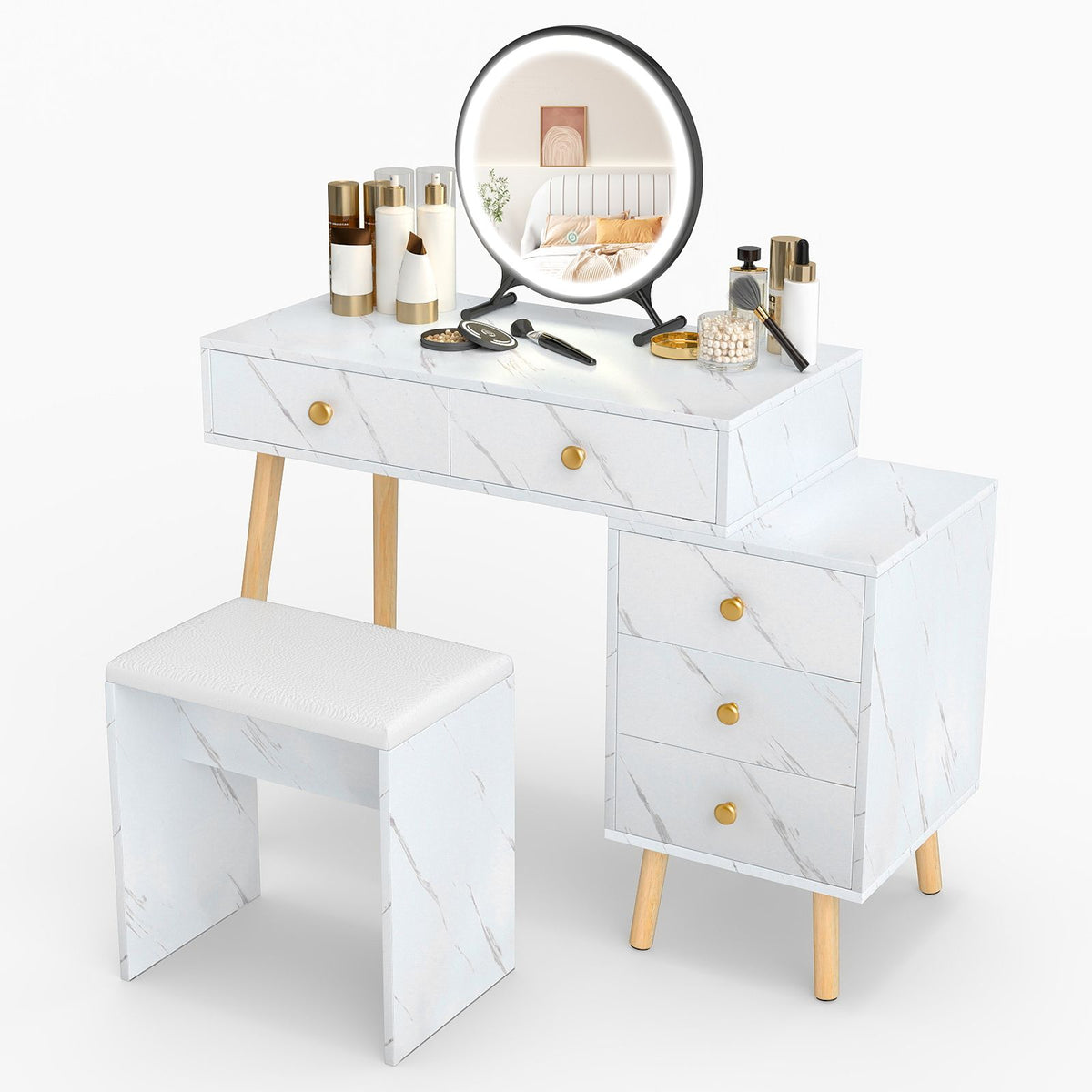 Makeup Vanity Set with Removable Mirror and Faux Marble Finish