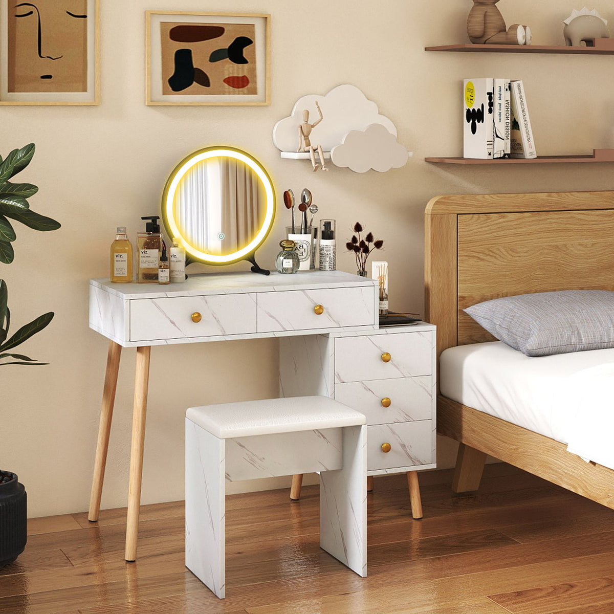 Makeup Vanity Set with Removable Mirror and Faux Marble Finish