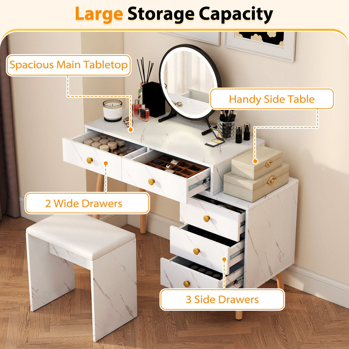 Makeup Vanity Set with Removable Mirror and Faux Marble Finish