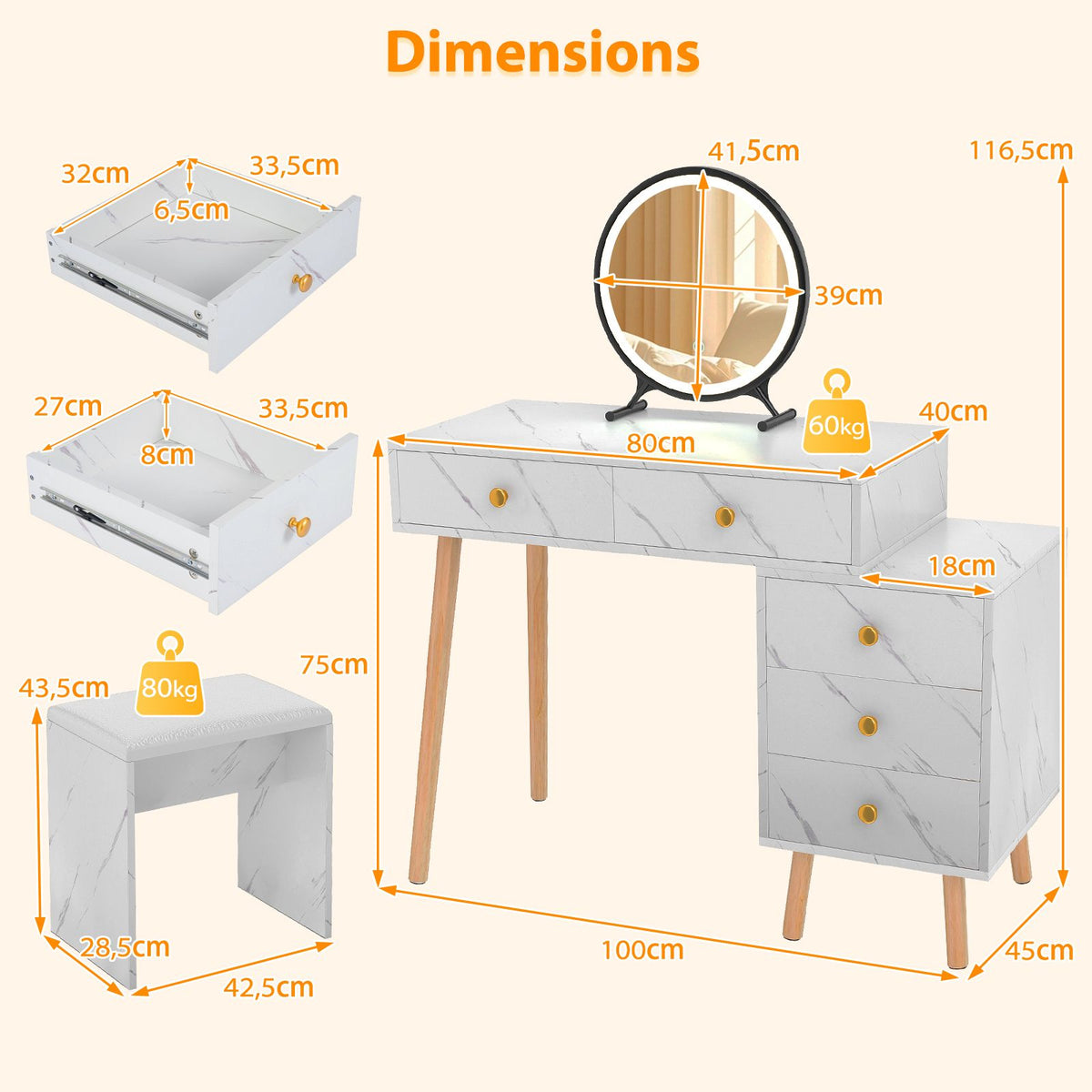 Makeup Vanity Set with Removable Mirror and Faux Marble Finish