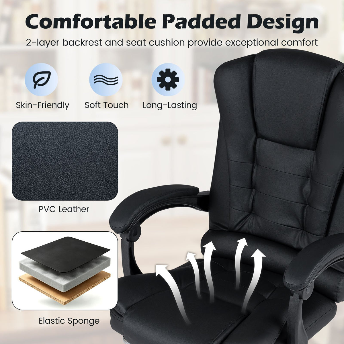 Massage Office Chair with Footrest Swivel Seat and Adjustable Reclining Backrest