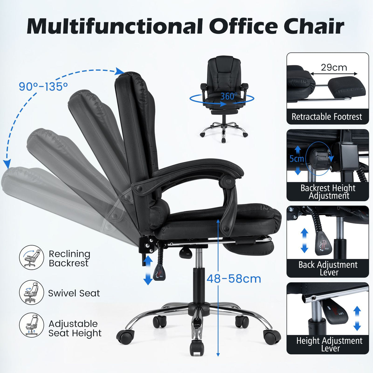 Massage Office Chair with Footrest Swivel Seat and Adjustable Reclining Backrest