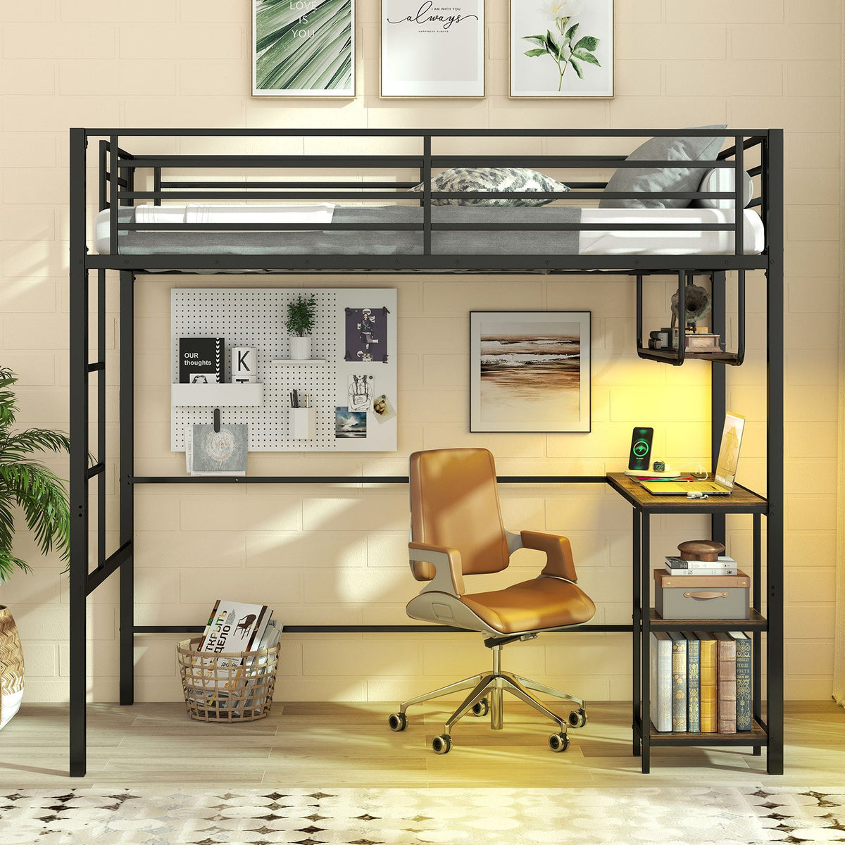 Metal Loft Bed Frame with Charging Station and Light Strip