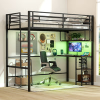 Metal Loft Bed Frame with Charging Station and Light Strip