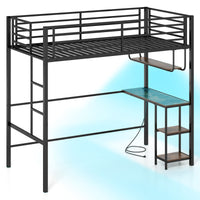 Metal Loft Bed Frame with Charging Station and Light Strip