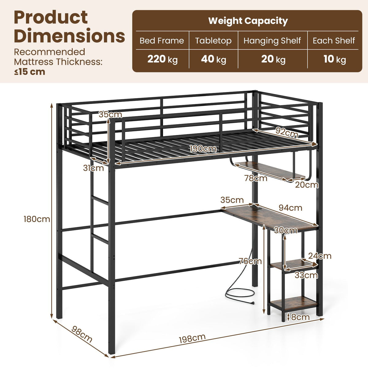 Metal Loft Bed Frame with Charging Station and Light Strip