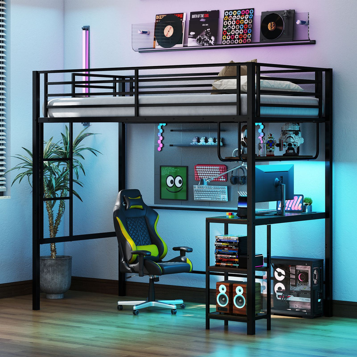 Metal Loft Bed Frame with Charging Station and Light Strip