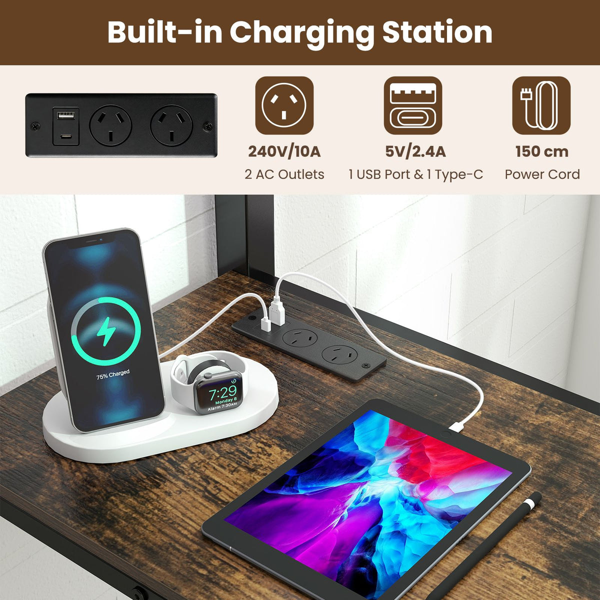Metal Loft Bed Frame with Charging Station and Light Strip