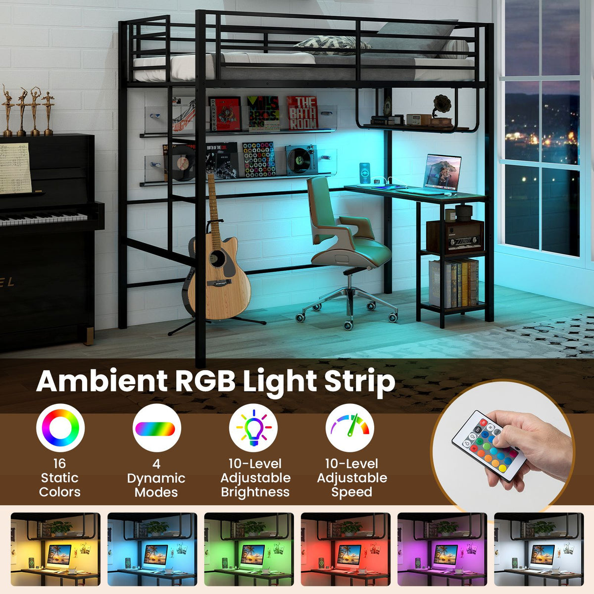 Metal Loft Bed Frame with Charging Station and Light Strip