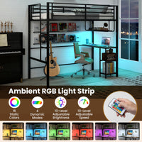 Metal Loft Bed Frame with Charging Station and Light Strip